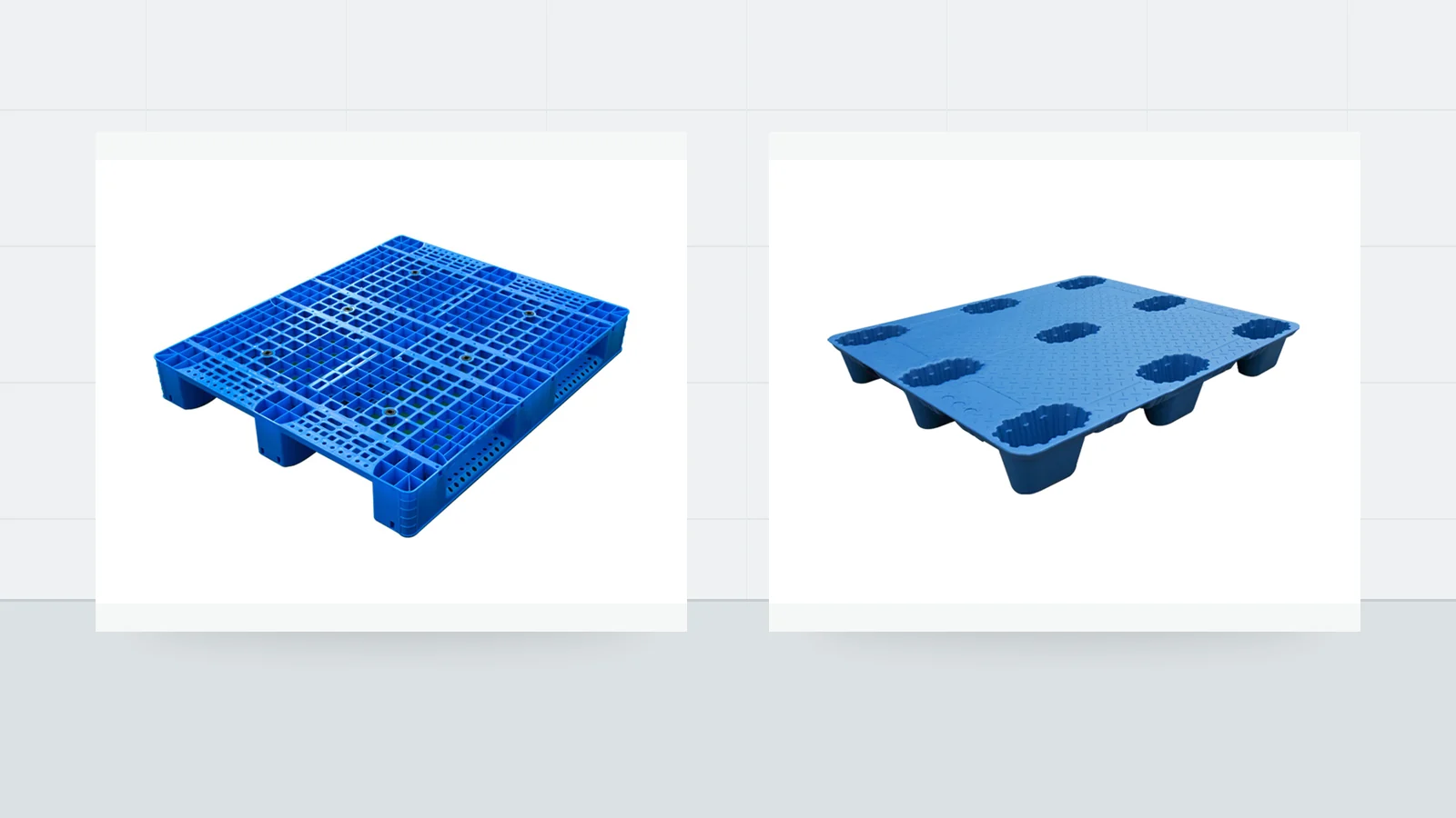 Injection-molded and blow-molded plastic pallets compared side by side