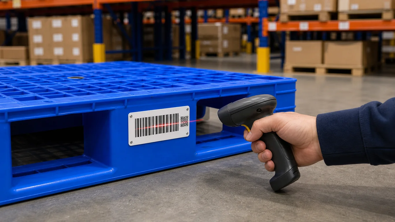 Reusable plastic pallets and pallet boxes prepared for return-loop documentation in a warehouse