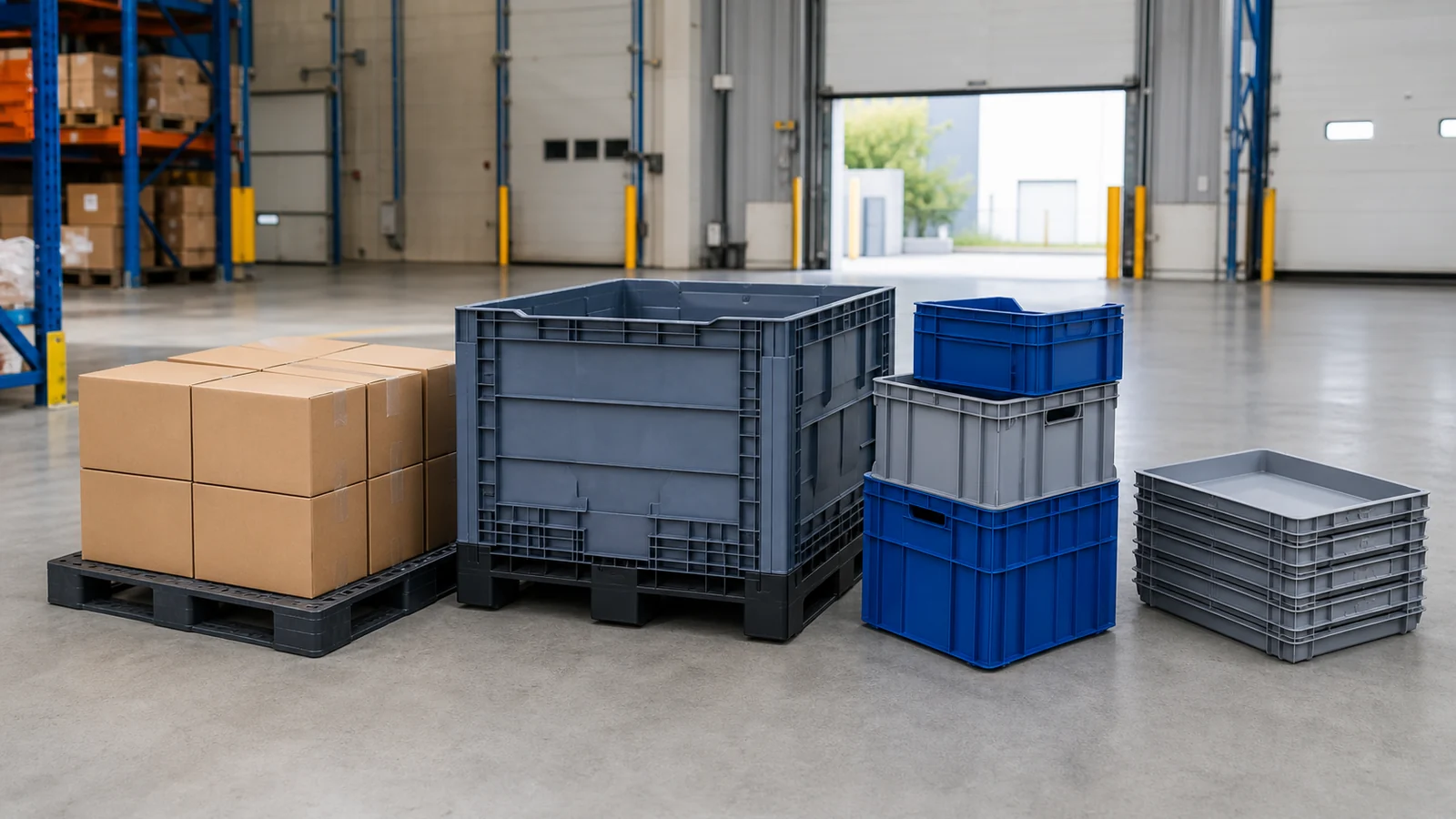 Plastic pallet, pallet box, totes, crates, and trays arranged in a warehouse staging area