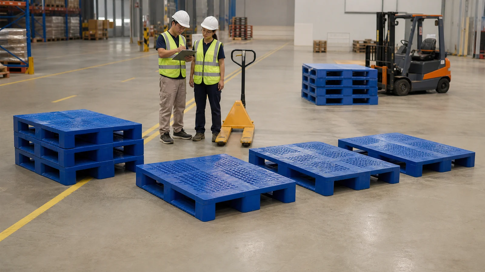 Warehouse team reviewing empty plastic pallets near forklift and pallet jack lanes