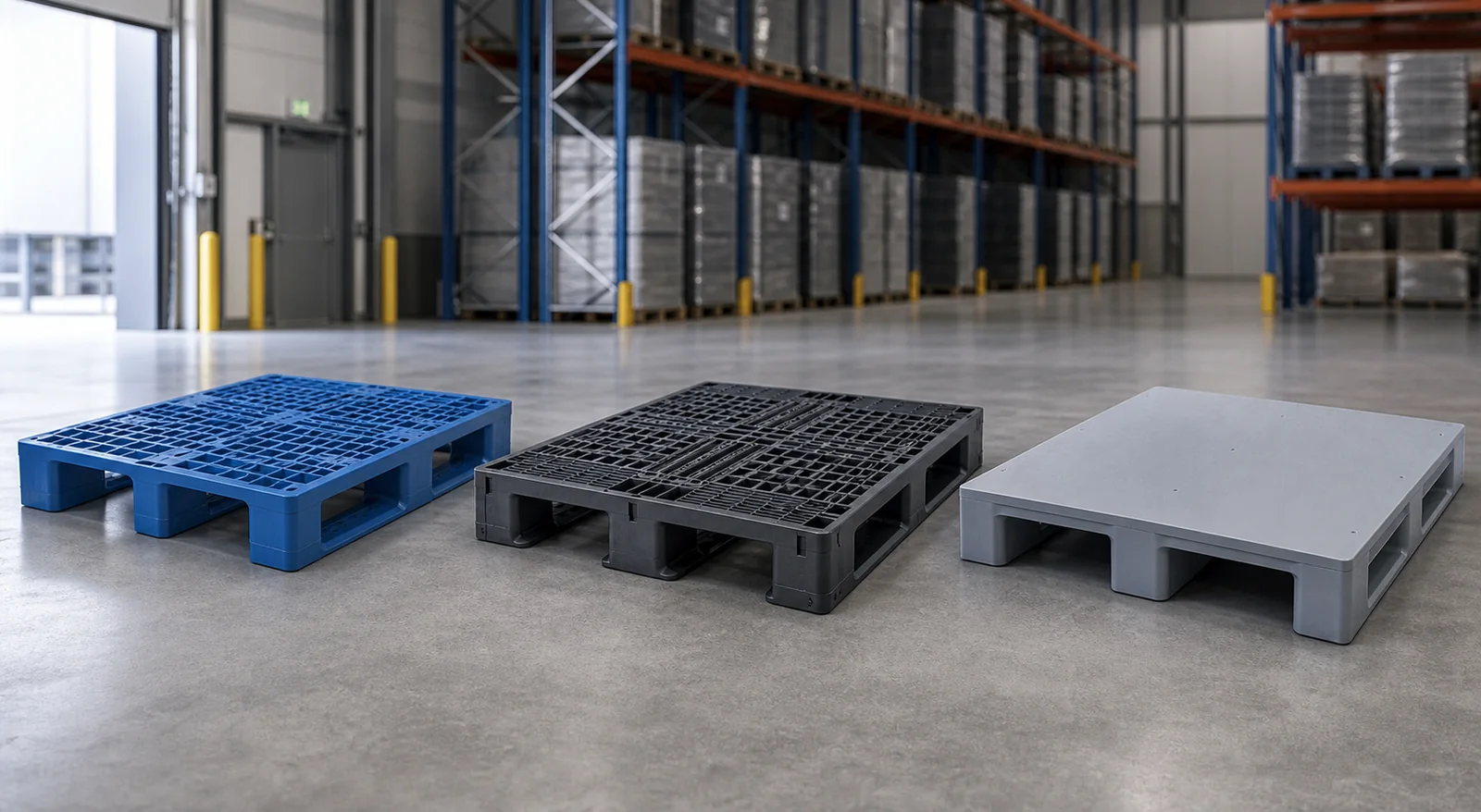 Three plastic pallet designs compared in a modern warehouse